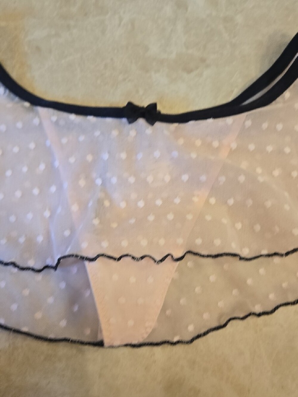 Frederick's of Hollywood Pink Mesh Polka Dot Bra & Skirt Set & Black Trim NWOT - Picture 3 of 9